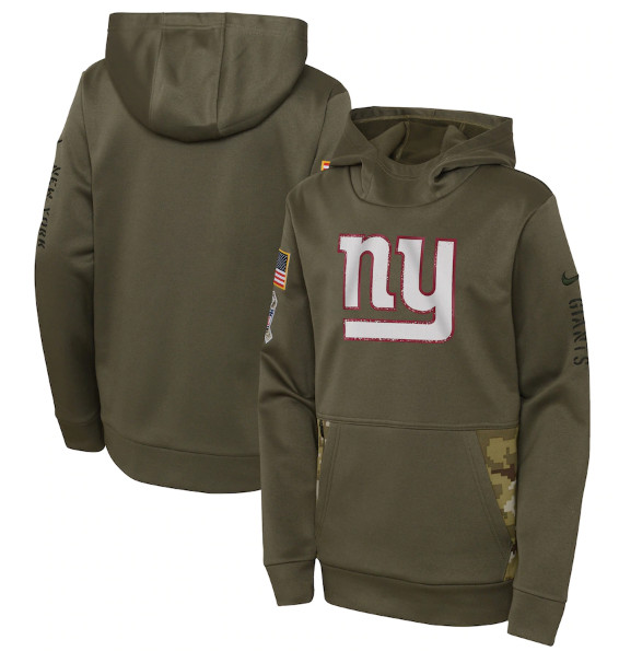 Youth New York Giants 2022 Olive Salute to Service Therma Performance Pullover Hoodie